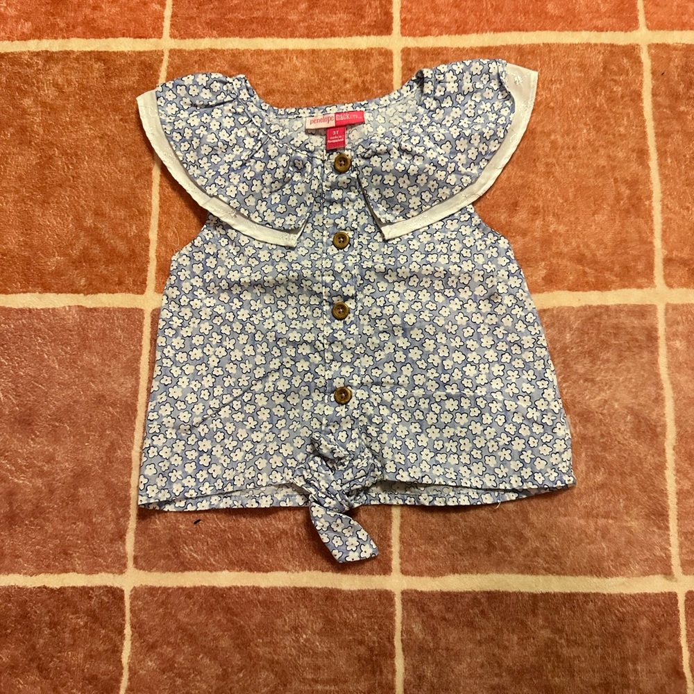 Penelope Mack Blue Floral Tie-Front Top with White Trim